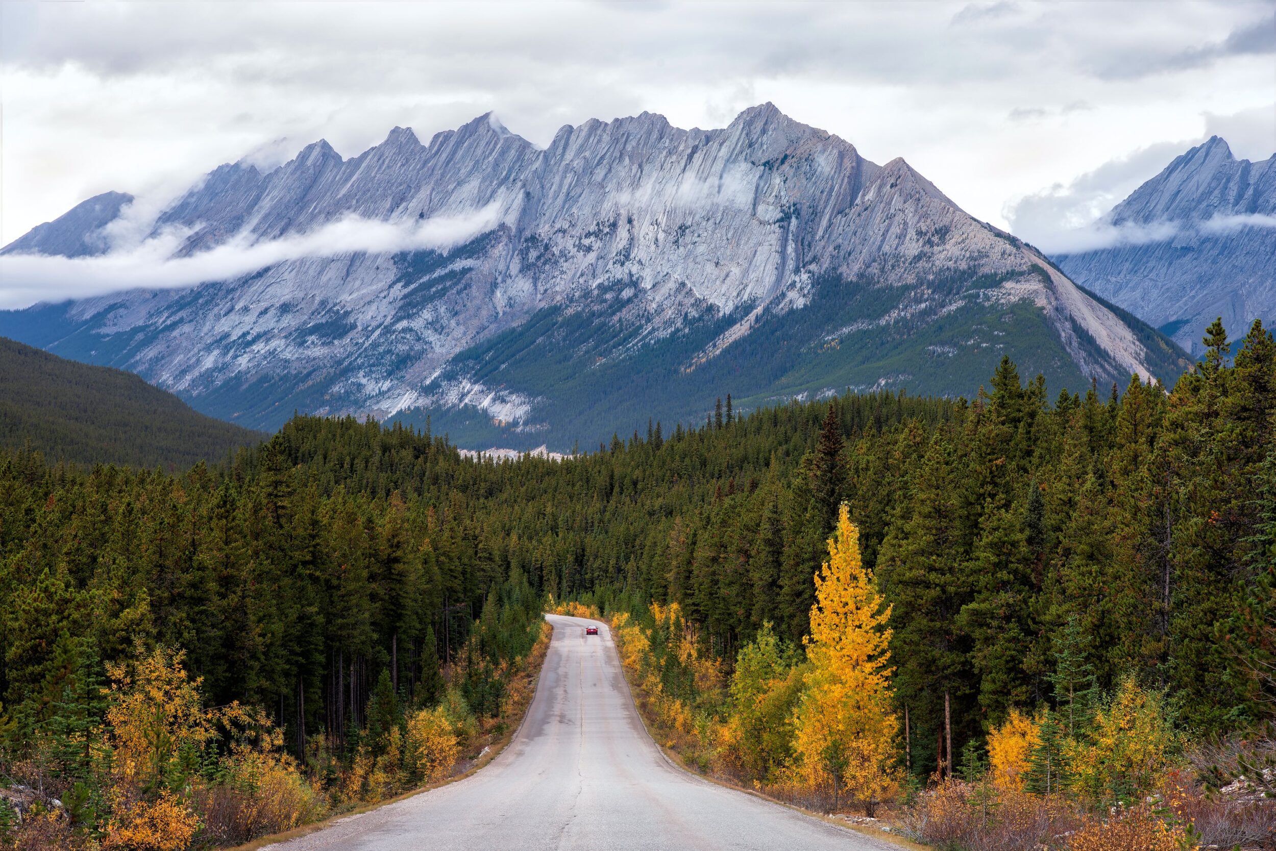 A roadway into the mountains during autumn in Canada.