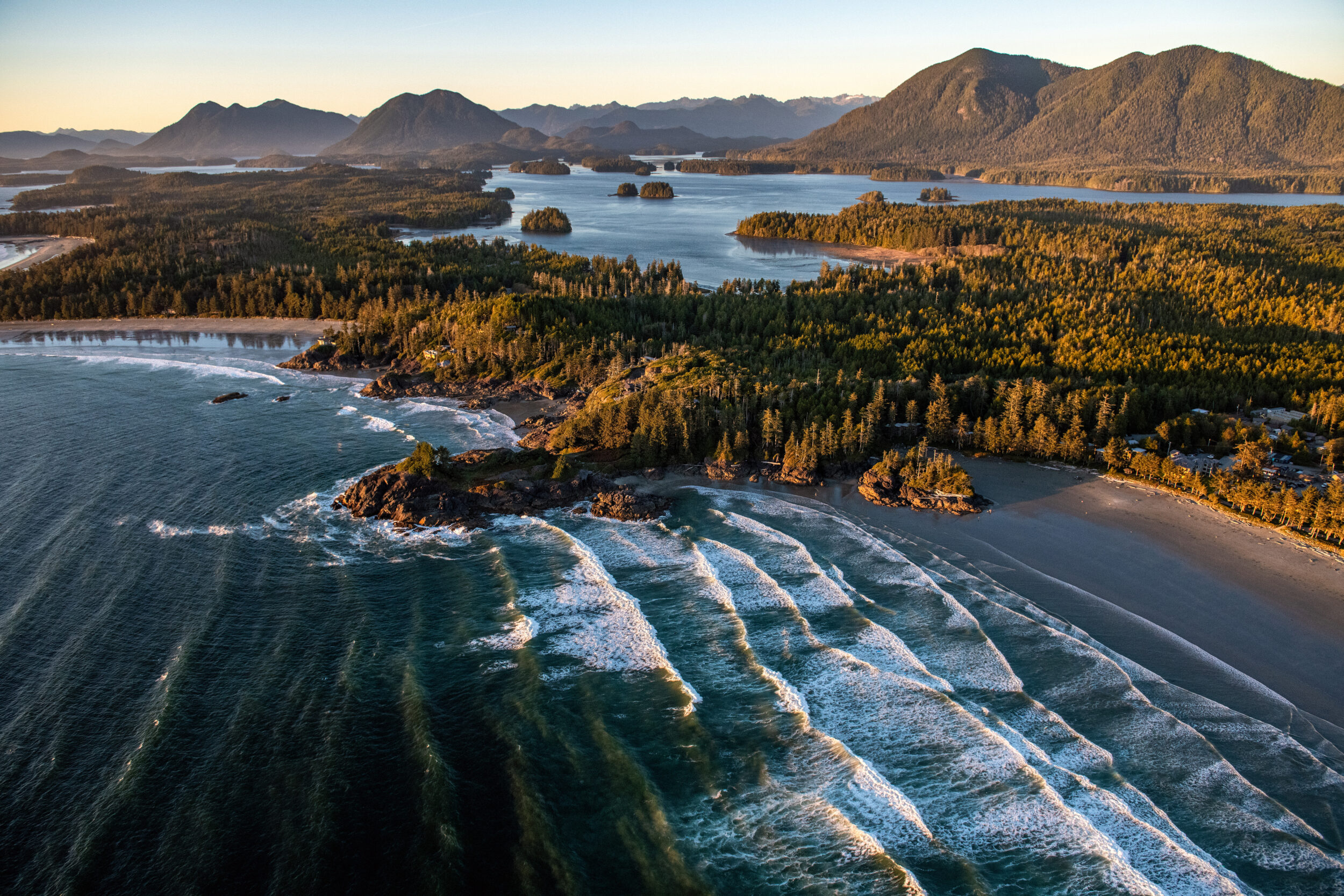 A landscape of Tofino covered in greenery surrounded by the sea in the Vancouver Islands, Canada.