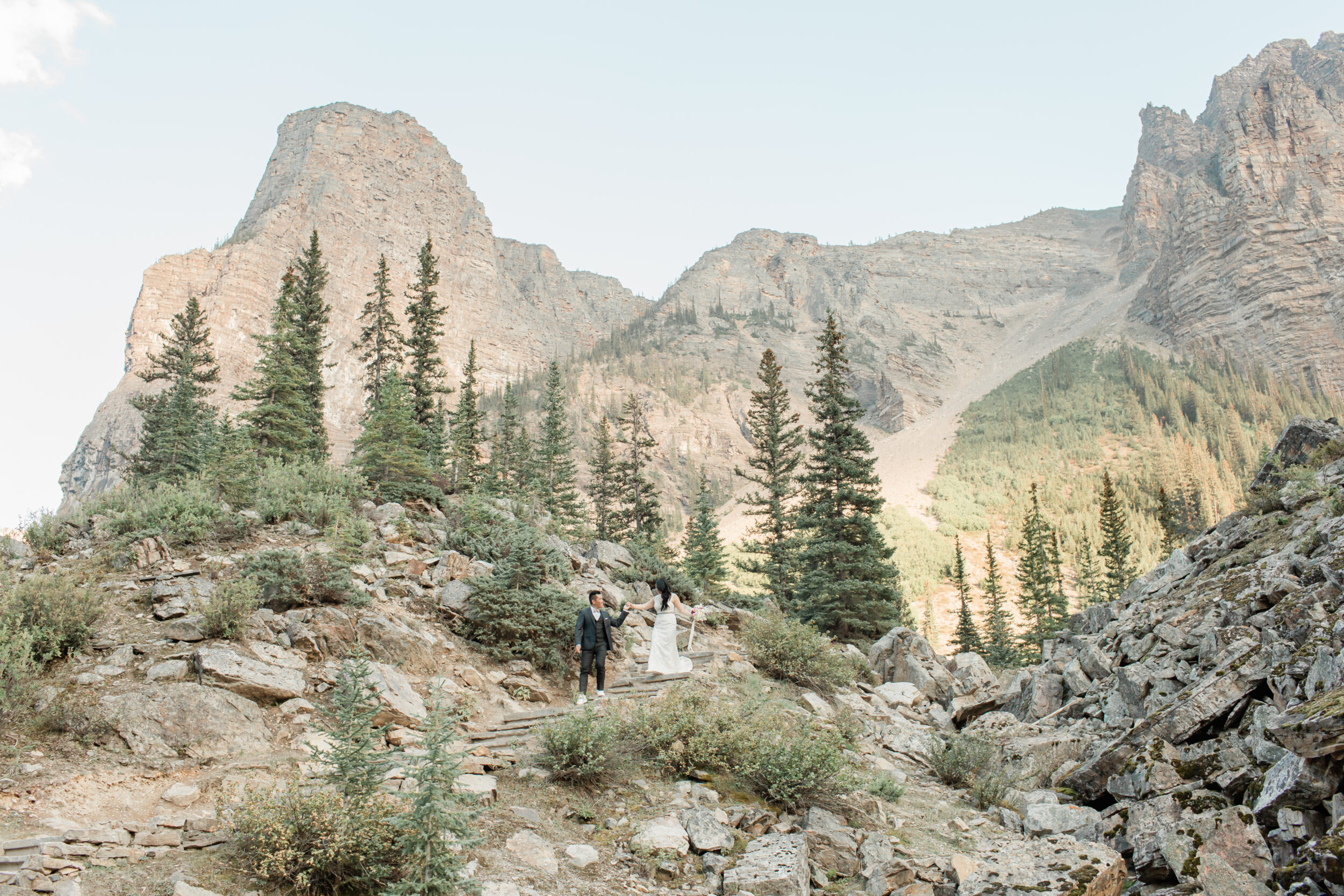 A couple adventures on a hiking elopement in Banff.