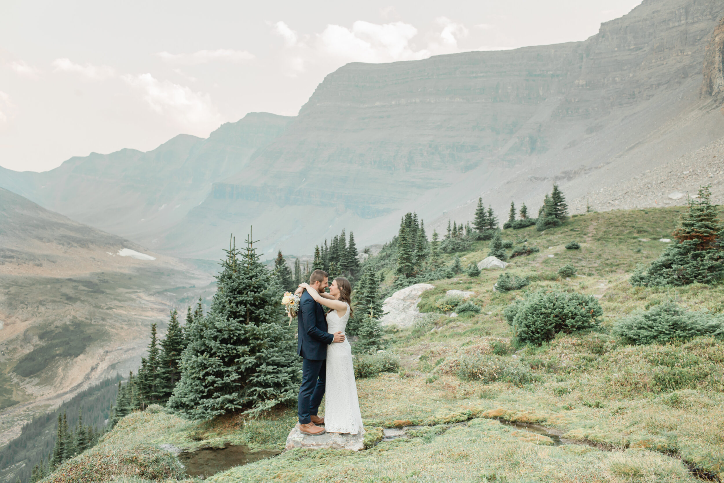 A man and wife share a first dance after their elopement ceremony in Banff.