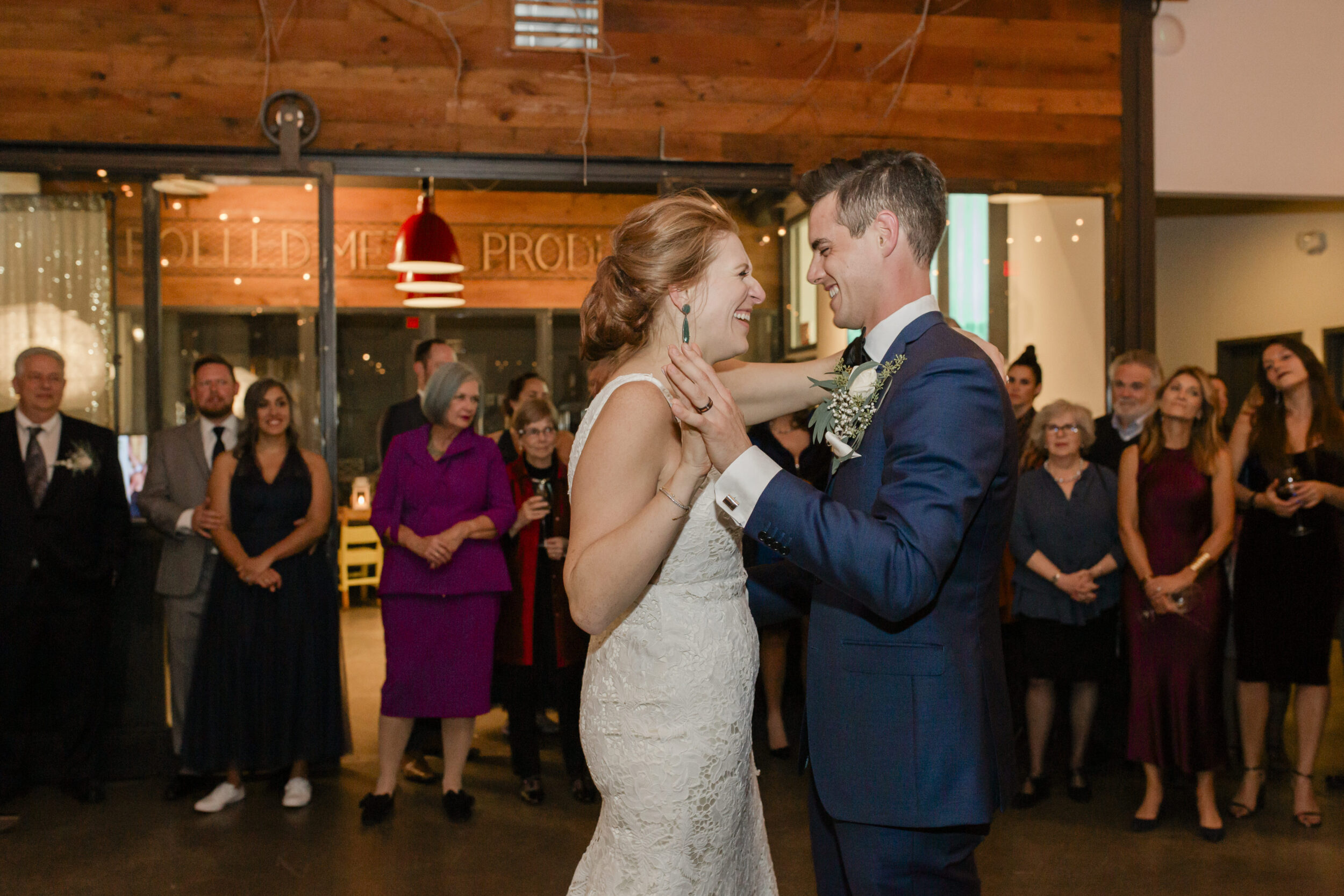 A couple dances during their wedding reception in Toronto, Canada. 
