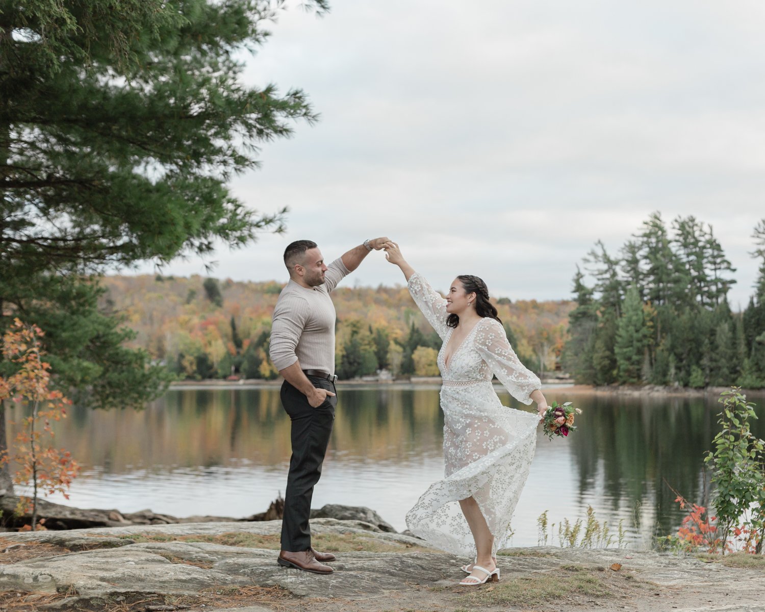 A couple dancing after their elopement ceremony in Muskoka