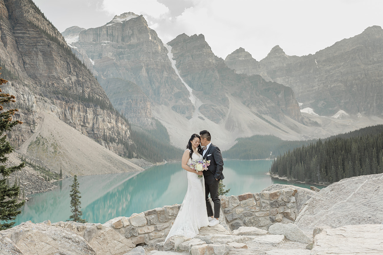 Lake Moraine Elopement at the top of the rock pile