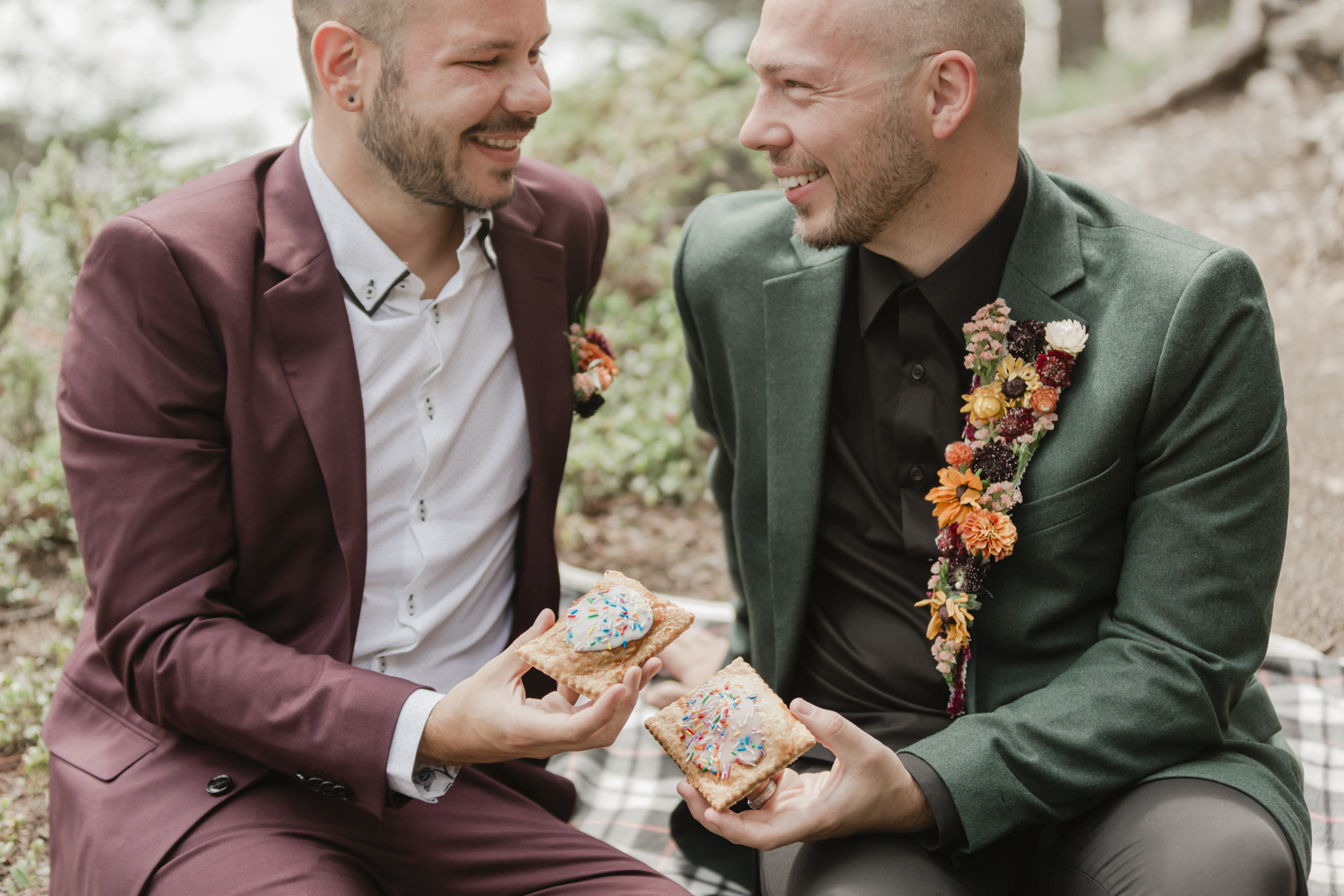 Brandon and Jamie eating pop tarts together after their Banff elopement 