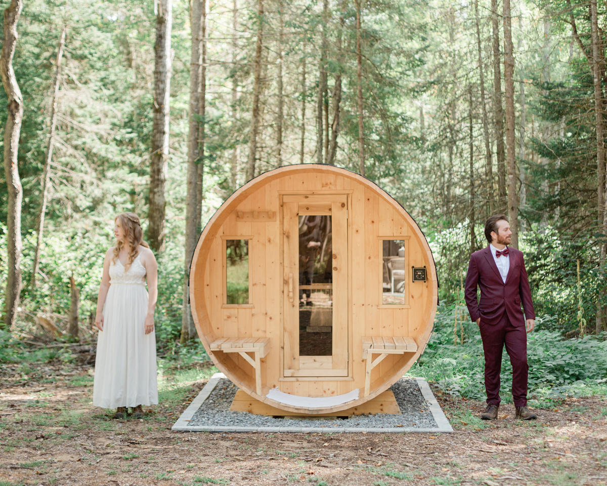 Chelsea and Kevin's first look in front of the sauna at their airbnb in Harcourt Ontario for their elopement day 