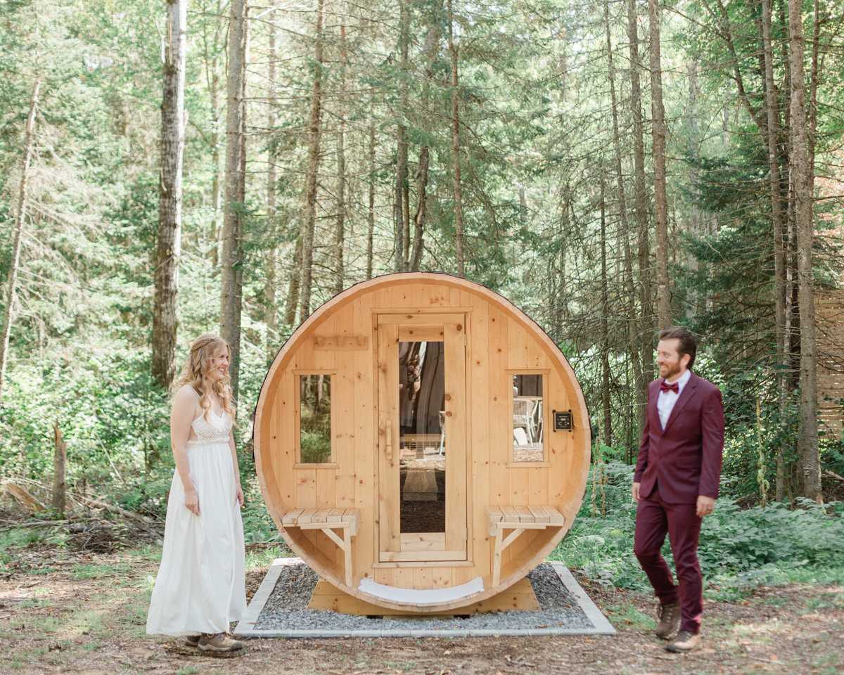 Chelsea and Kevin's first look in front of the sauna at their airbnb in Harcourt Ontario for their elopement day 