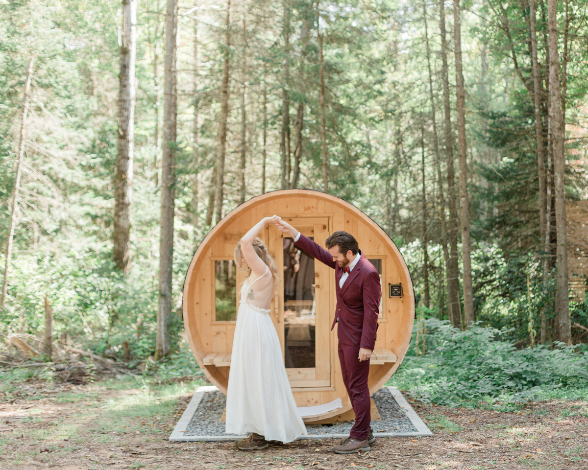 Chelsea and Kevin's first look in front of the sauna at their airbnb in Harcourt Ontario for their elopement day 