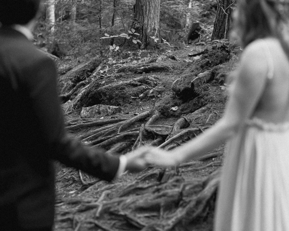 Kissing on the High Falls trail for Chelsea and Kevin's Algonquin Park elopement 