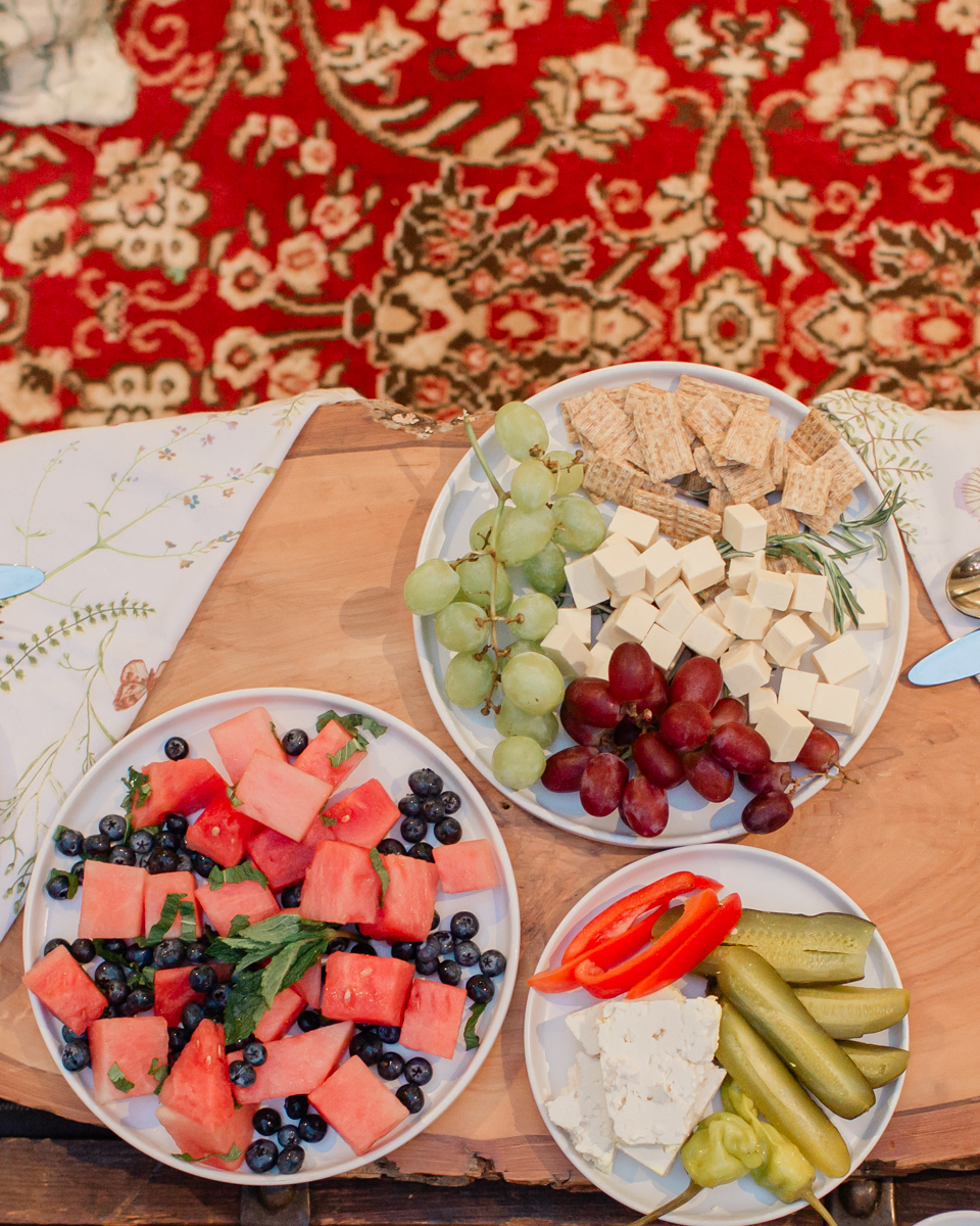 Delicious catered food displayed at Chelsea and Kevin's airbnb after their Ontario elopement day