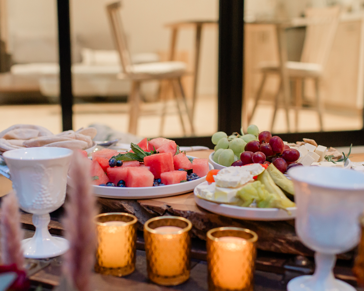 Delicious catered food displayed at Chelsea and Kevin's airbnb after their Ontario elopement day