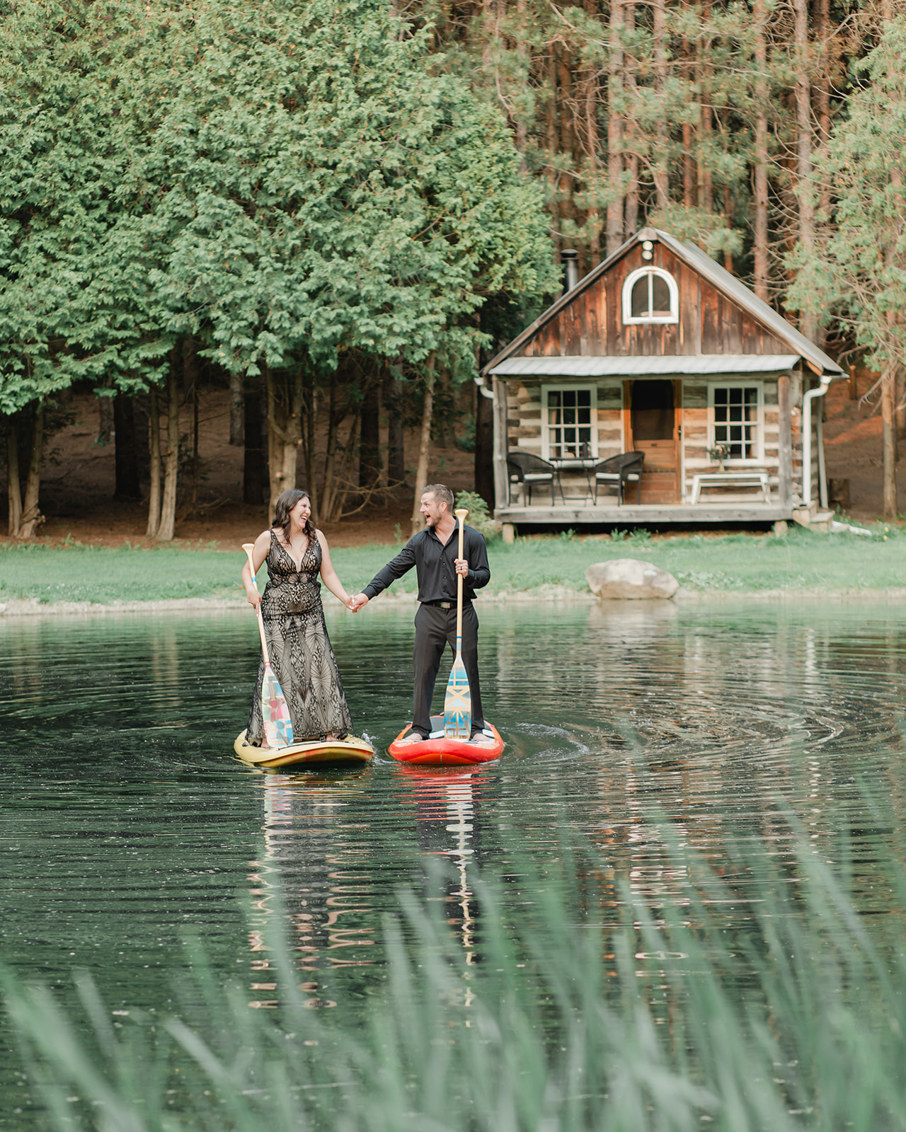 A wedding near Toronto Ontario at a cute cabin in the woods. Paddle boarding adventures! 