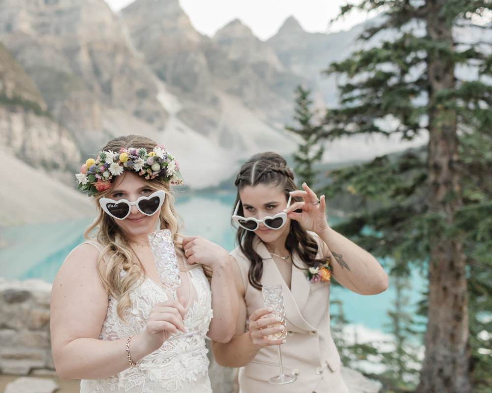 Bridal portraits at Moraine Lake for their LGBTQ+ Banff elopement