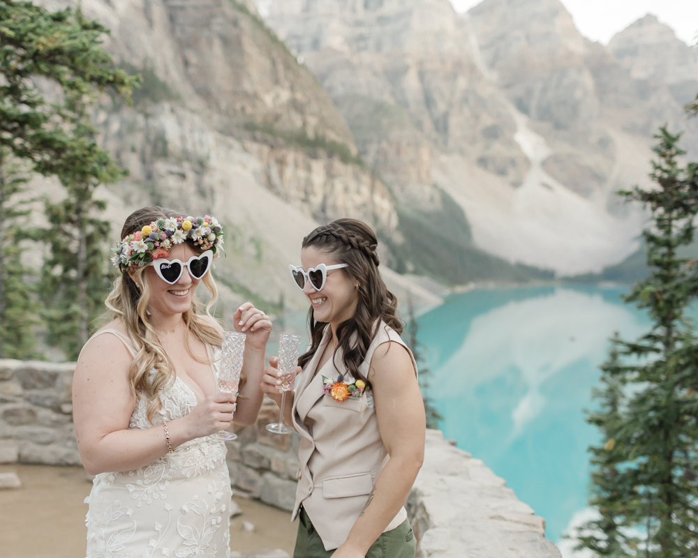 Bridal portraits at Moraine Lake for their LGBTQ+ Banff elopement