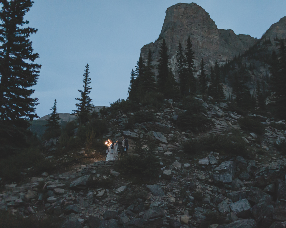 Blue hour and sunset photos for an LGBTQ+ Banff elopement at Moraine Lake