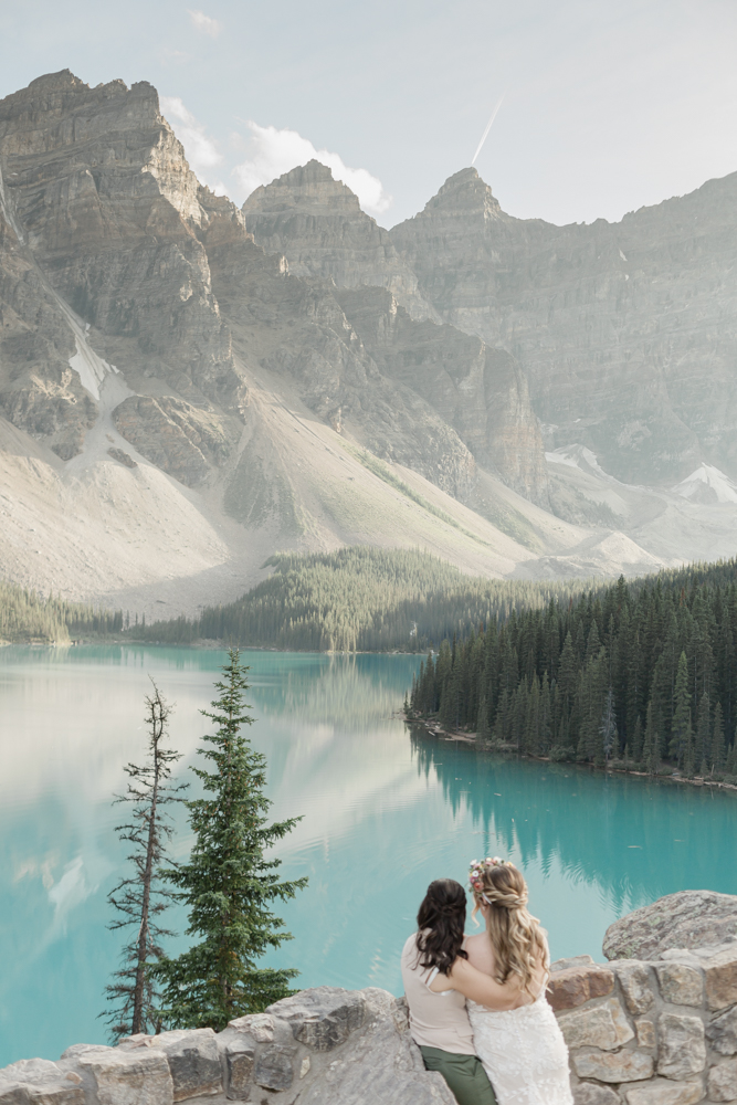 A couple overlooking Moraine Lake for their LGBTQ+ Banff elopement