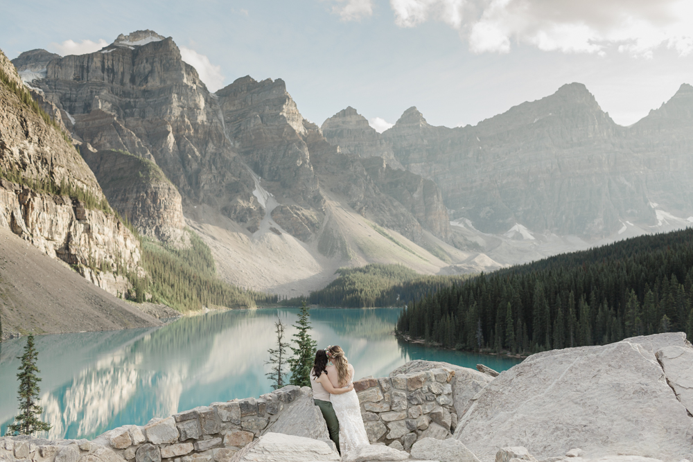 A couple overlooking Moraine Lake for their LGBTQ+ Banff elopement