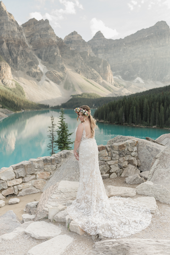 Bridal portraits at Moraine Lake for their LGBTQ+ Banff elopement