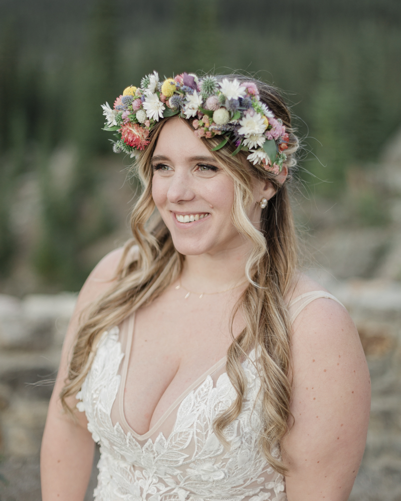 Bridal portraits at Moraine Lake for their LGBTQ+ Banff elopement