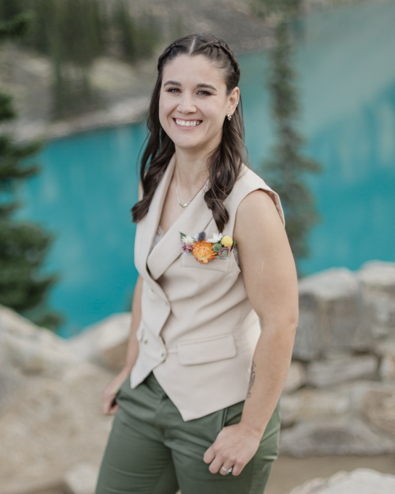 Bridal portraits at Moraine Lake for their LGBTQ+ Banff elopement