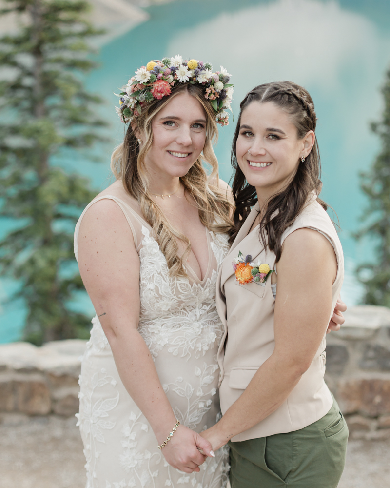 Bridal portraits at Moraine Lake for their LGBTQ+ Banff elopement