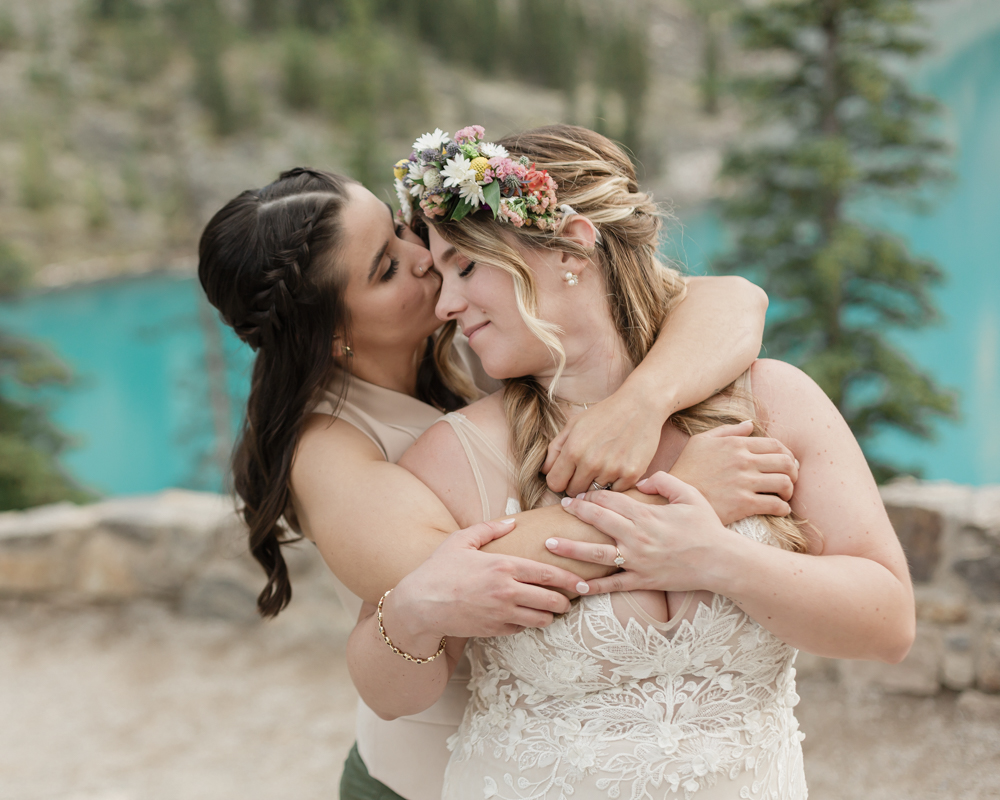 Bridal portraits at Moraine Lake for their LGBTQ+ Banff elopement