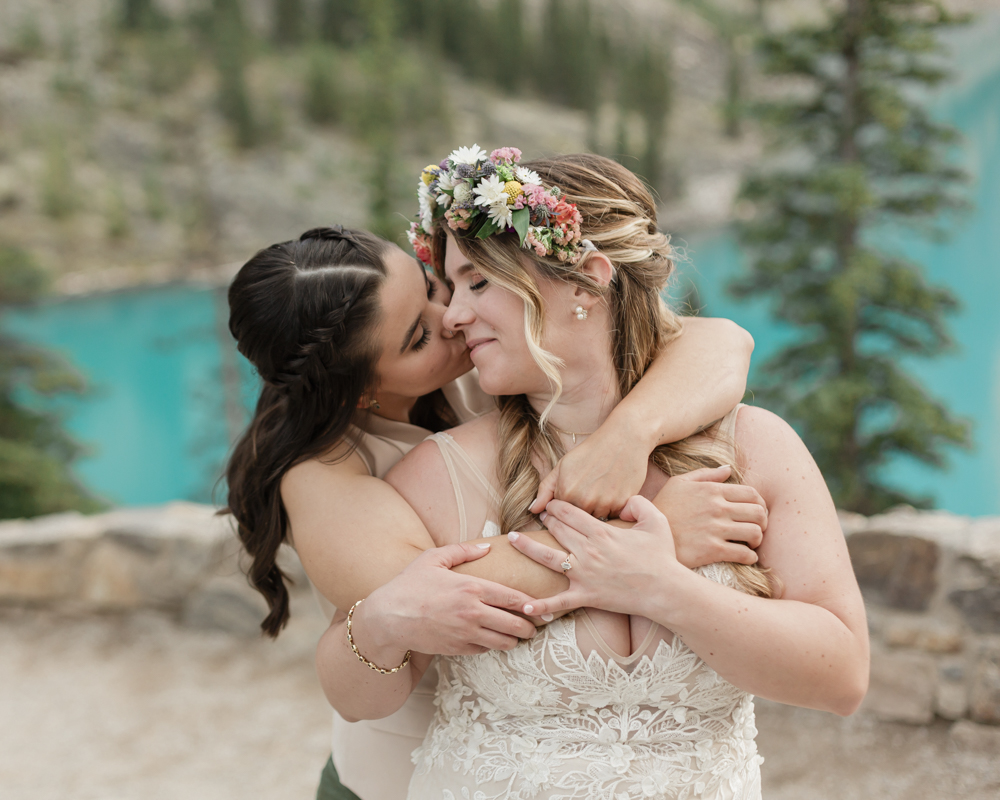 Bridal portraits at Moraine Lake for their LGBTQ+ Banff elopement