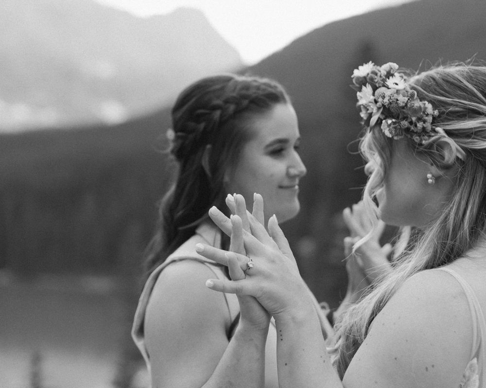 Bridal portraits at Moraine Lake for their LGBTQ+ Banff elopement