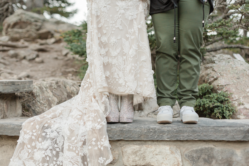 Bridal portraits at Moraine Lake for their LGBTQ+ Banff elopement