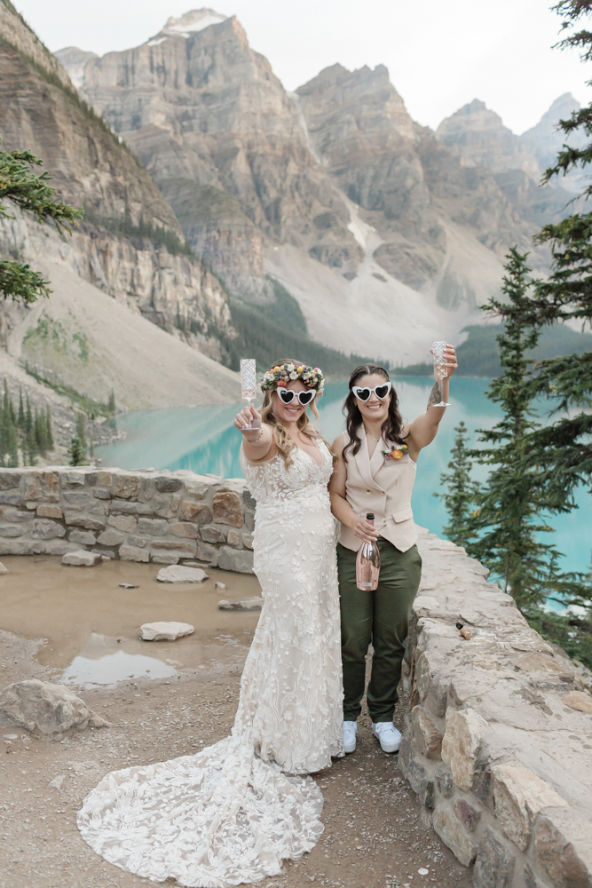 Bridal portraits at Moraine Lake for their LGBTQ+ Banff elopement