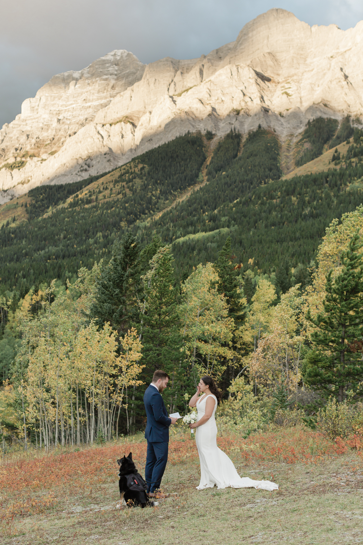 A couple exchanging vows and rings during their Kananaskis Country ceremony