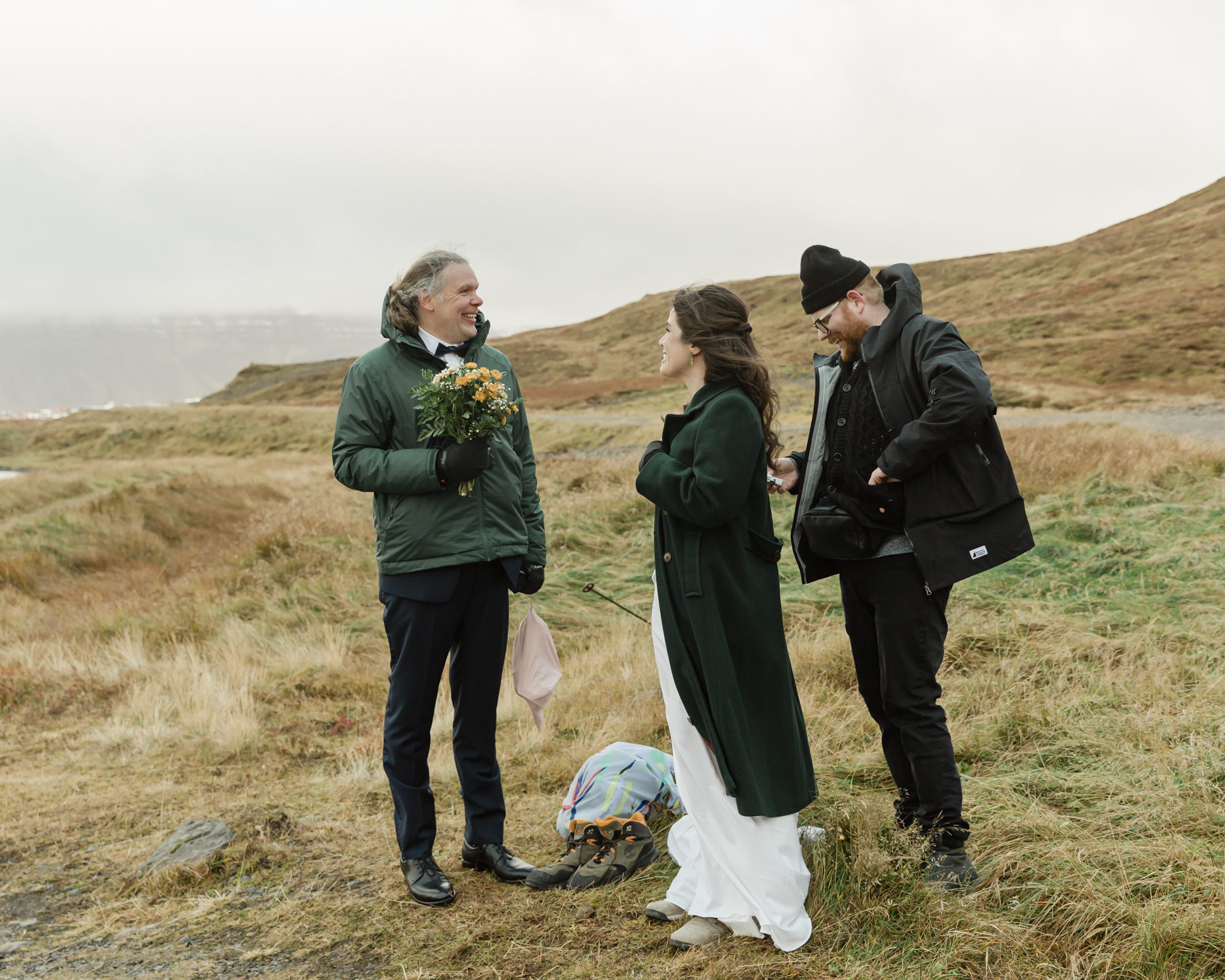 Kristen and Adam getting their mic on for videography near Kirkjufell in Iceland