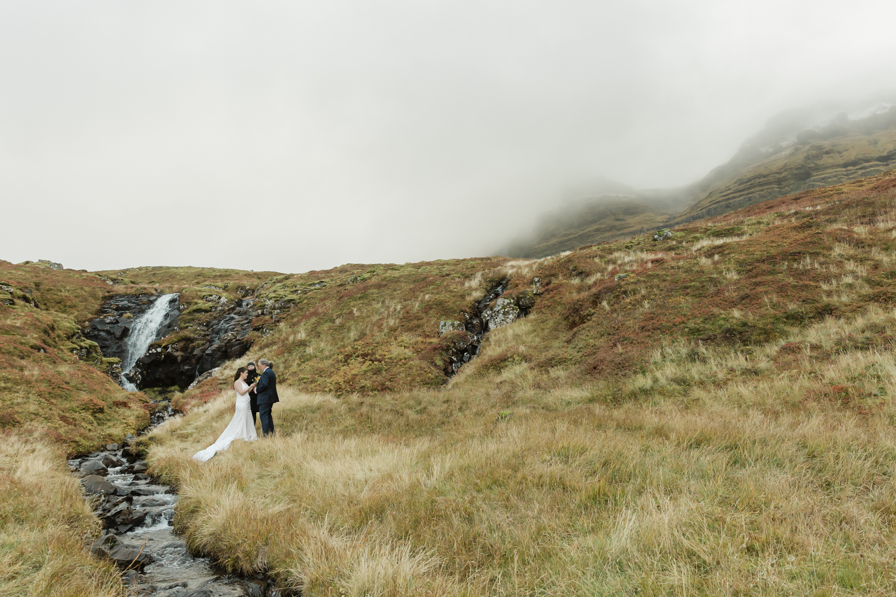 A couple eloping near a secluded waterfall in Iceland