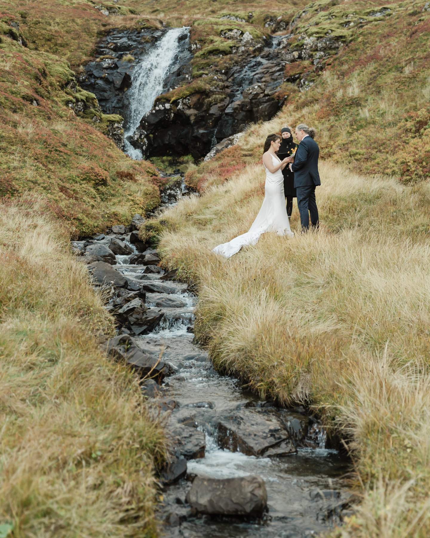 A couple eloping near a secluded waterfall in Iceland