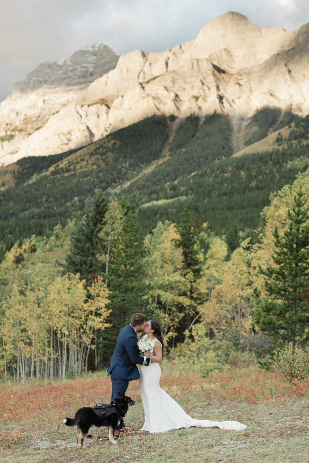 A couple exchanging vows and rings during their Kananaskis Country ceremony