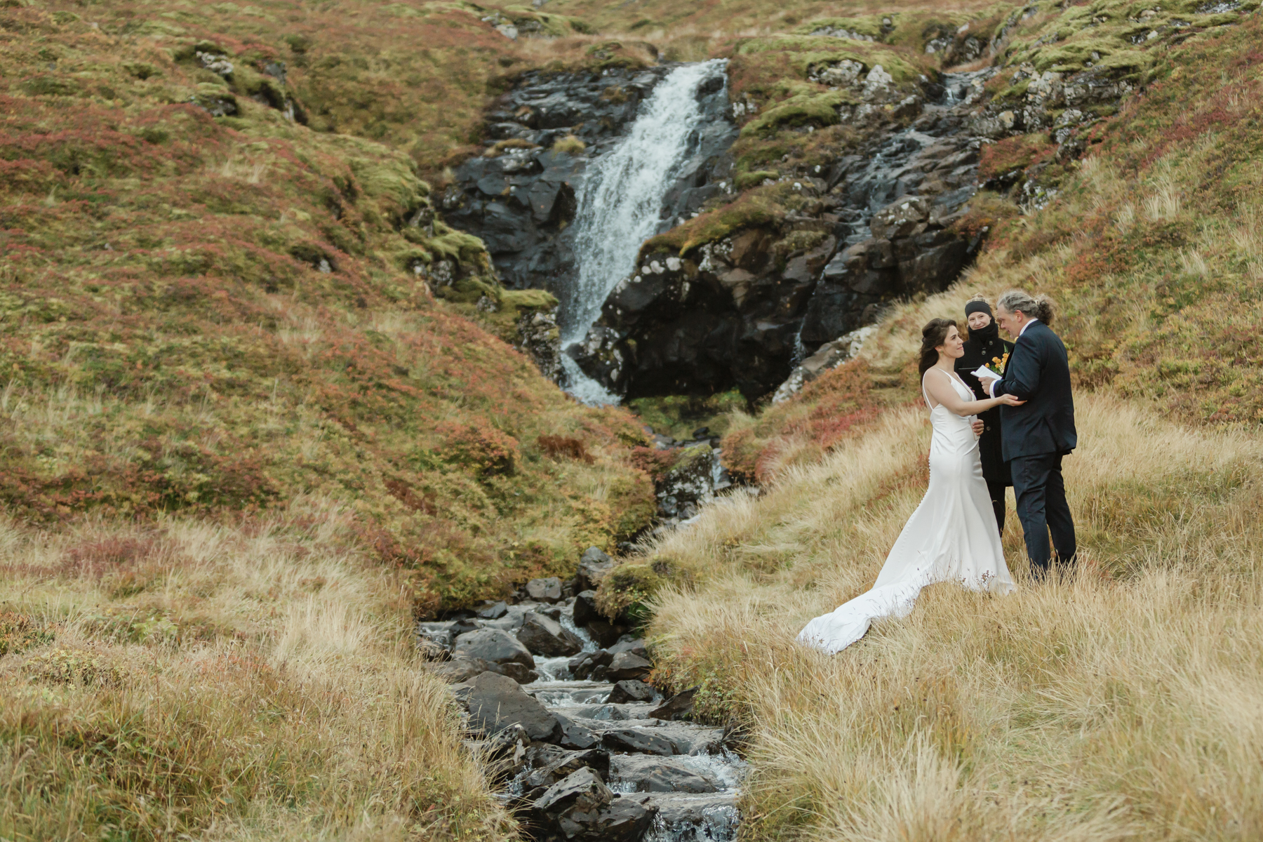 A couple eloping near a secluded waterfall in Iceland