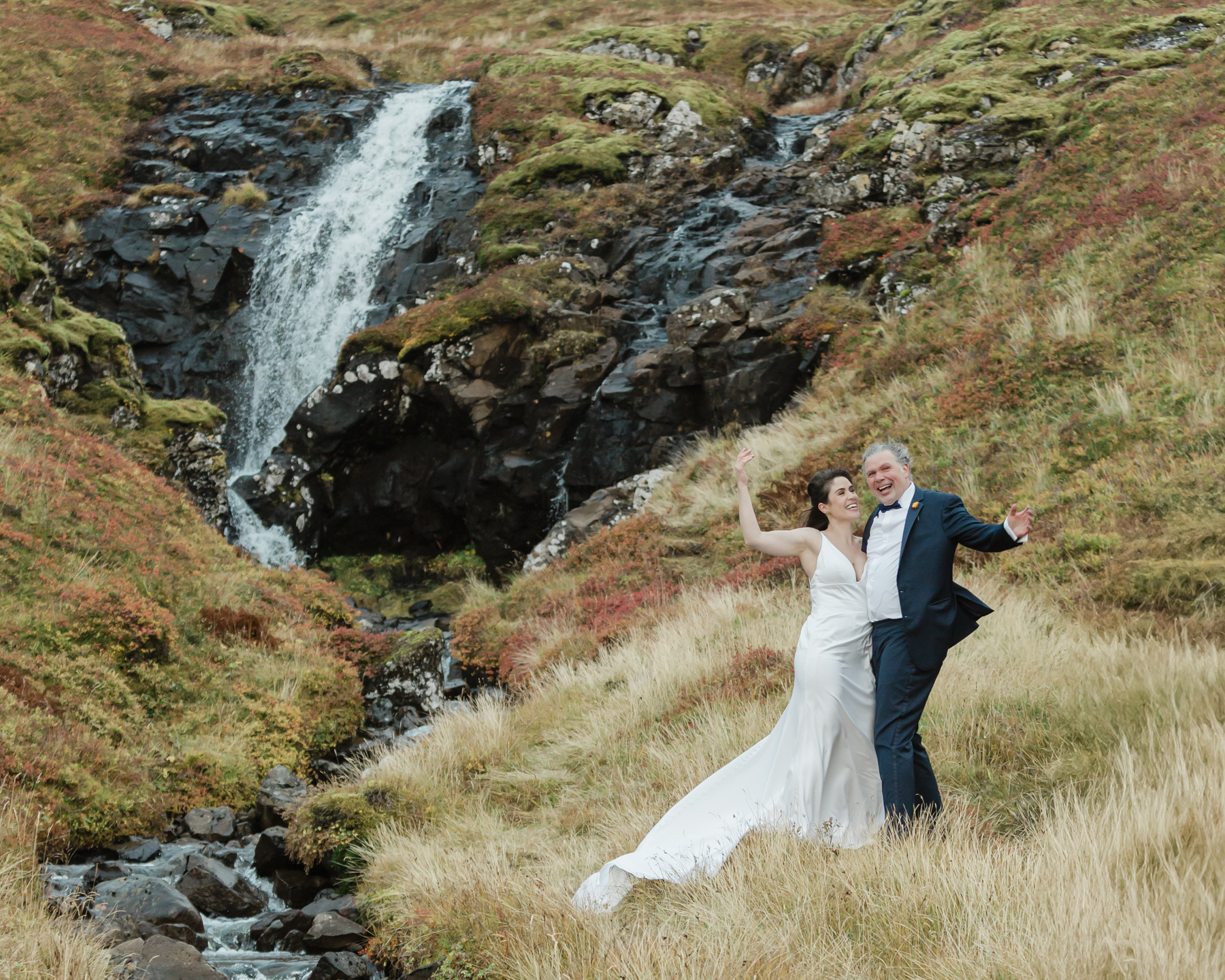 A couple eloping near a secluded waterfall in Iceland