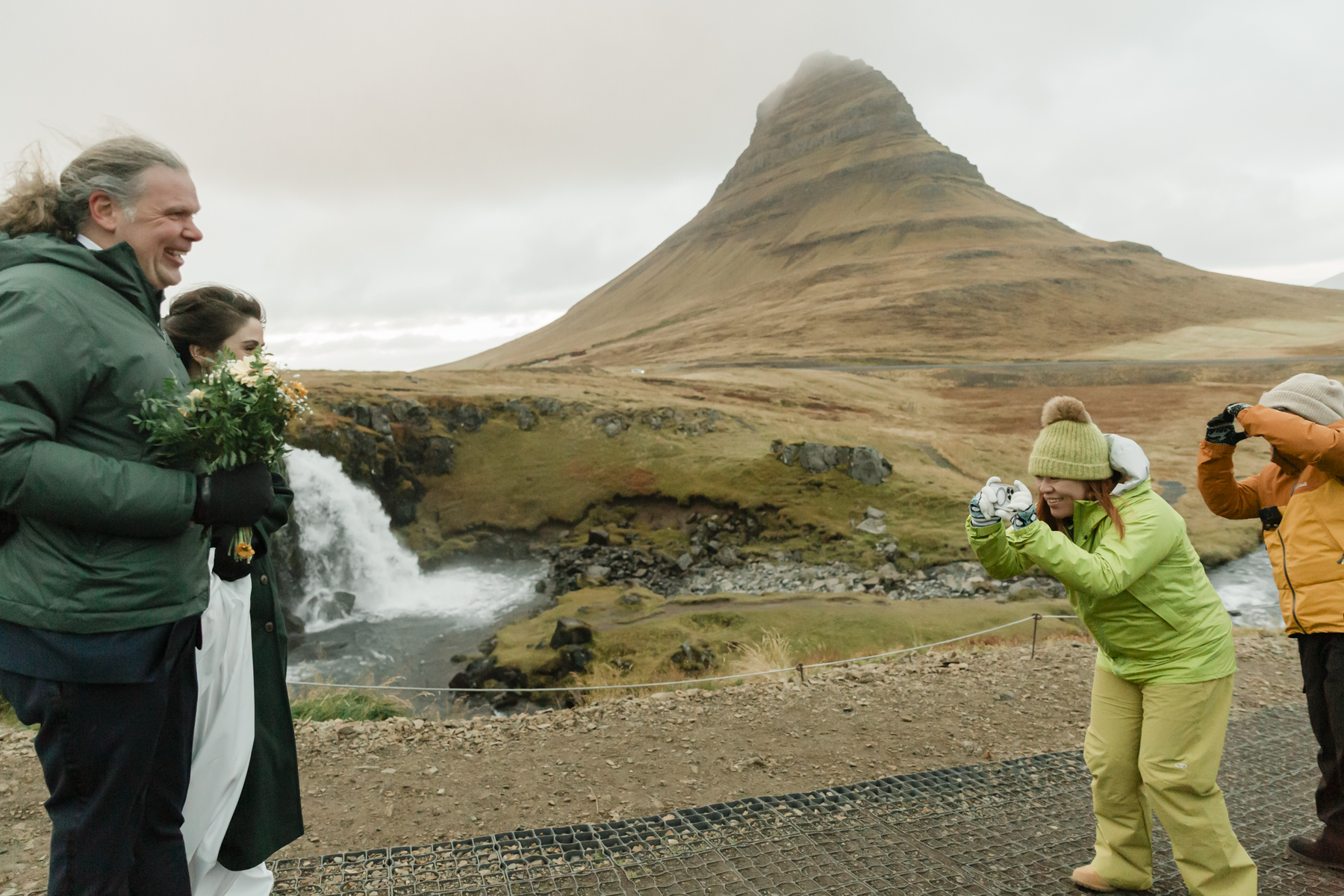 A couple posing for a photo during their Iceland wedding on the Snæfellsnes Peninsula 