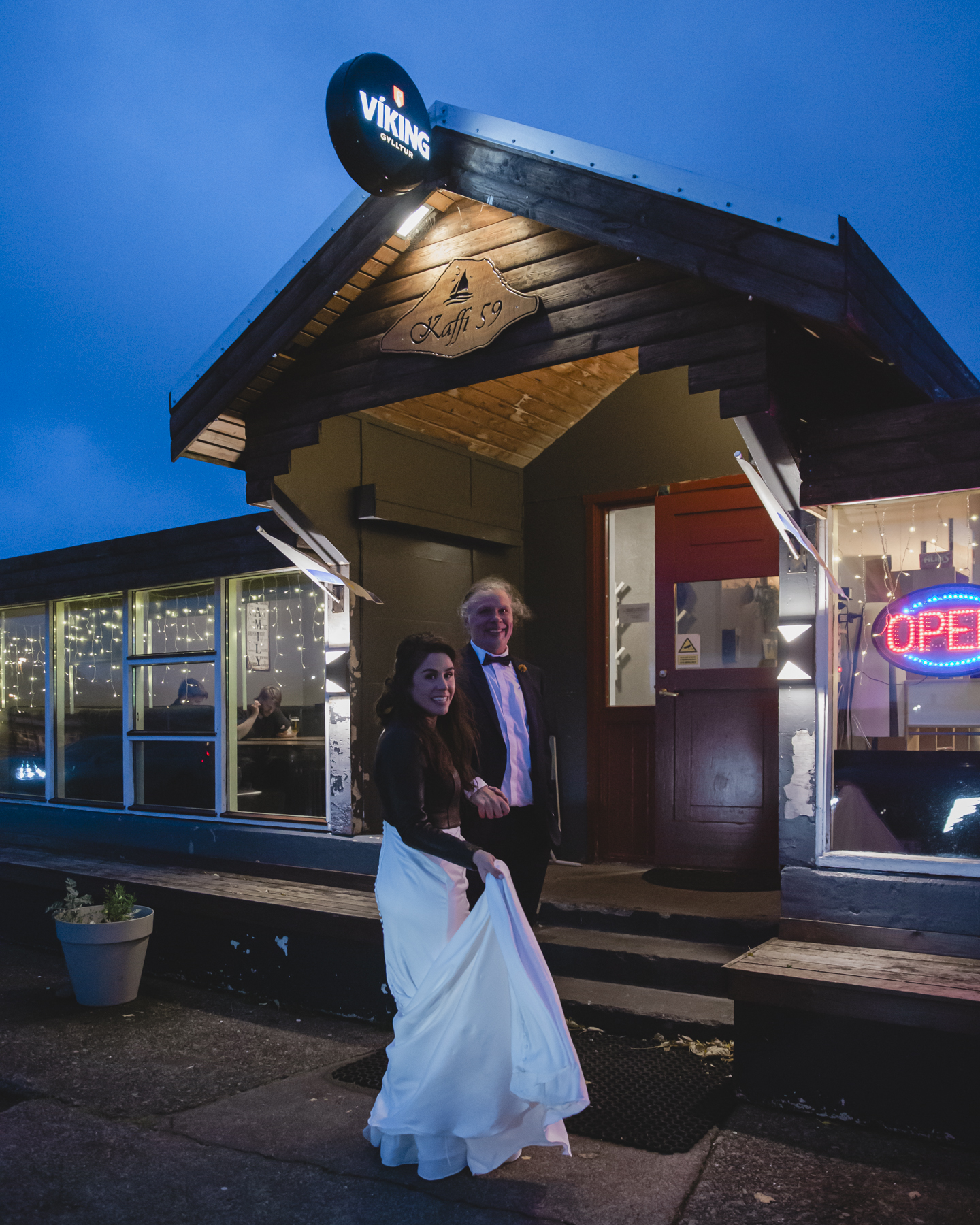 A couple going for dinner and ice cream after their Iceland wedding on the Snæfellsnes Peninsula 