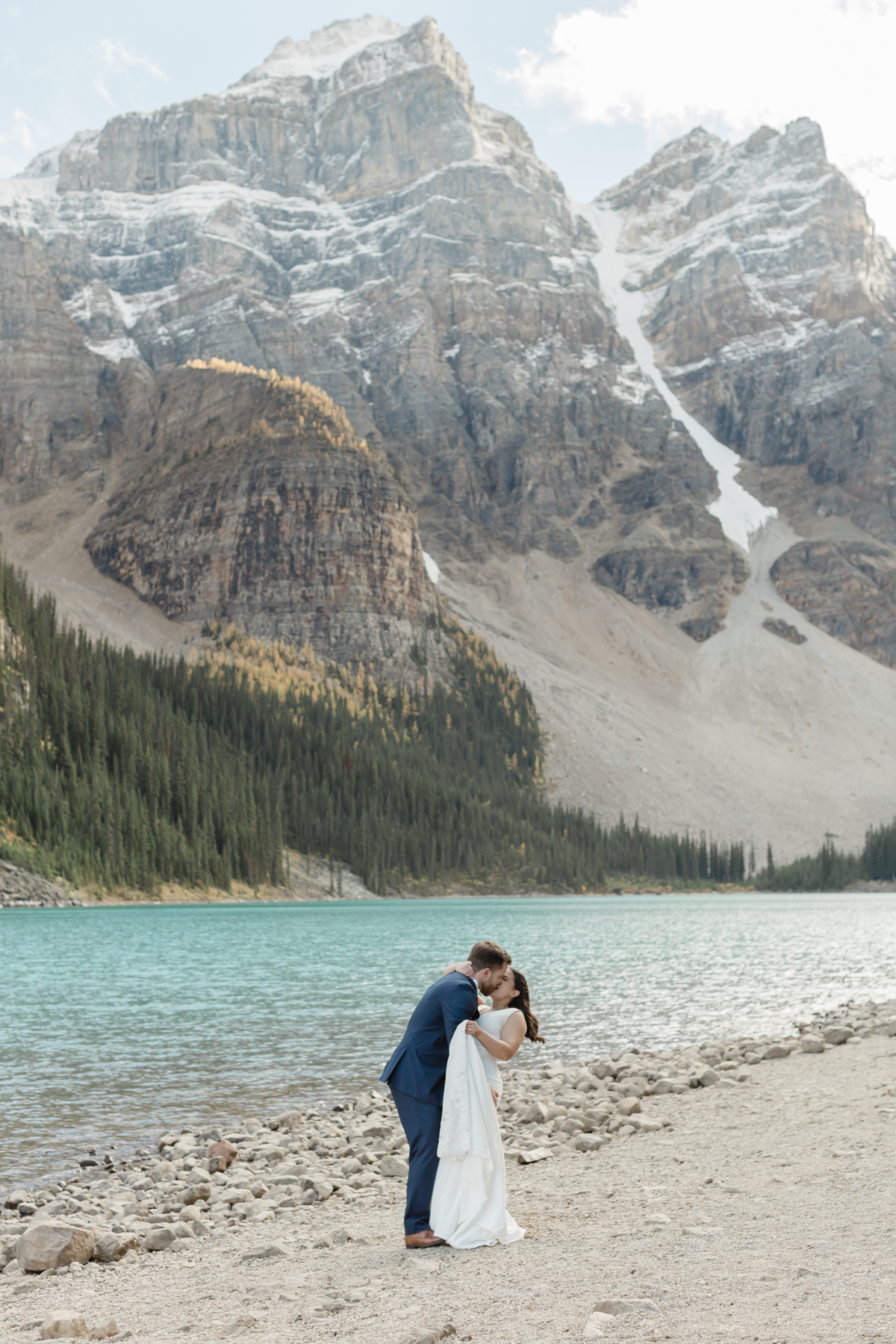 A couple during their first dance at Moraine Lake during their elopement 