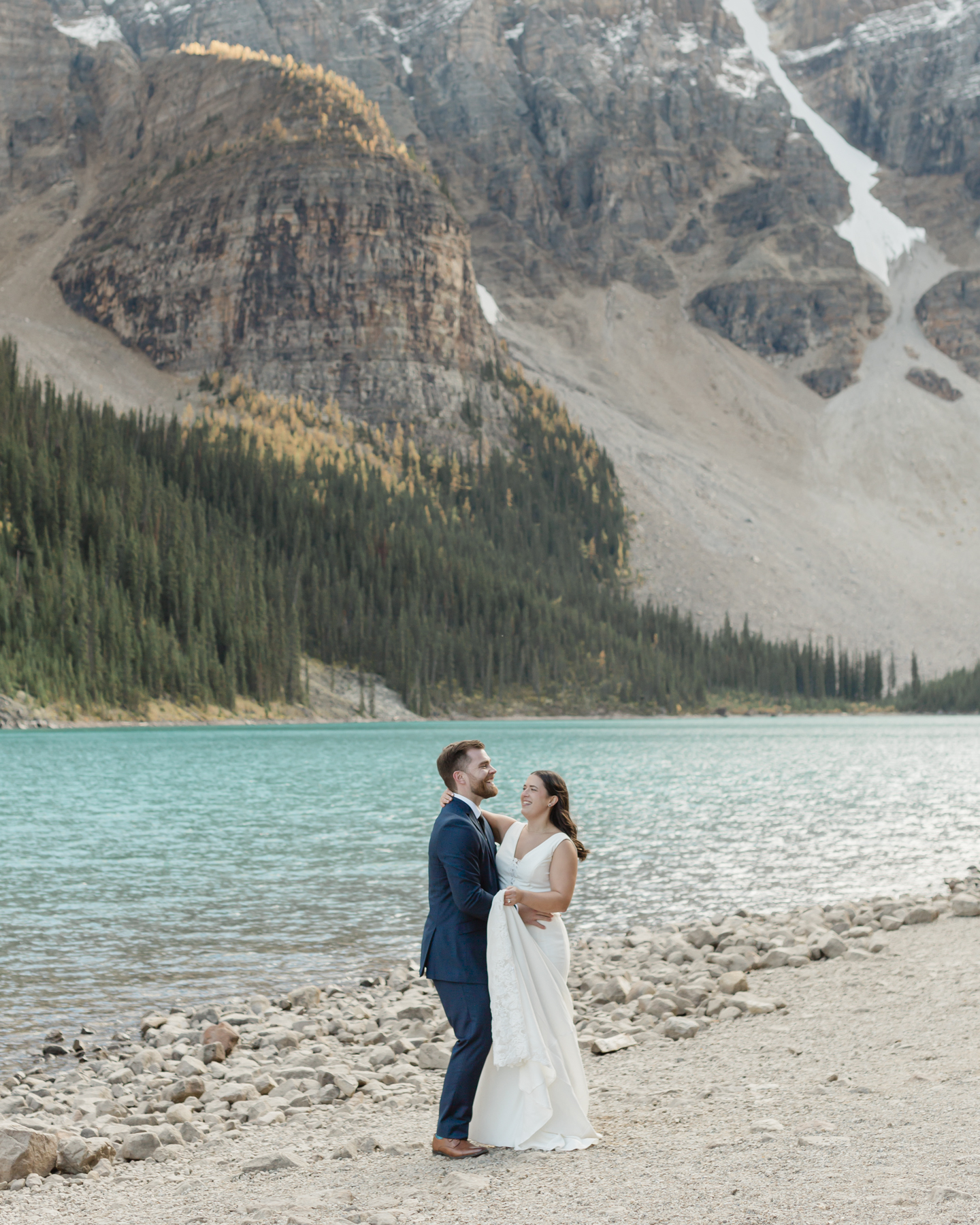 A couple during their first dance at Moraine Lake during their elopement 