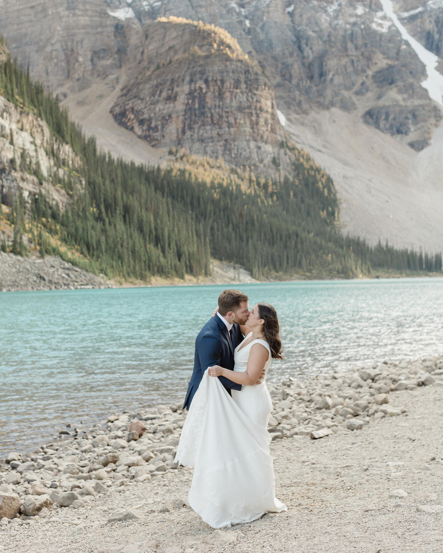 A couple during their first dance at Moraine Lake during their elopement 