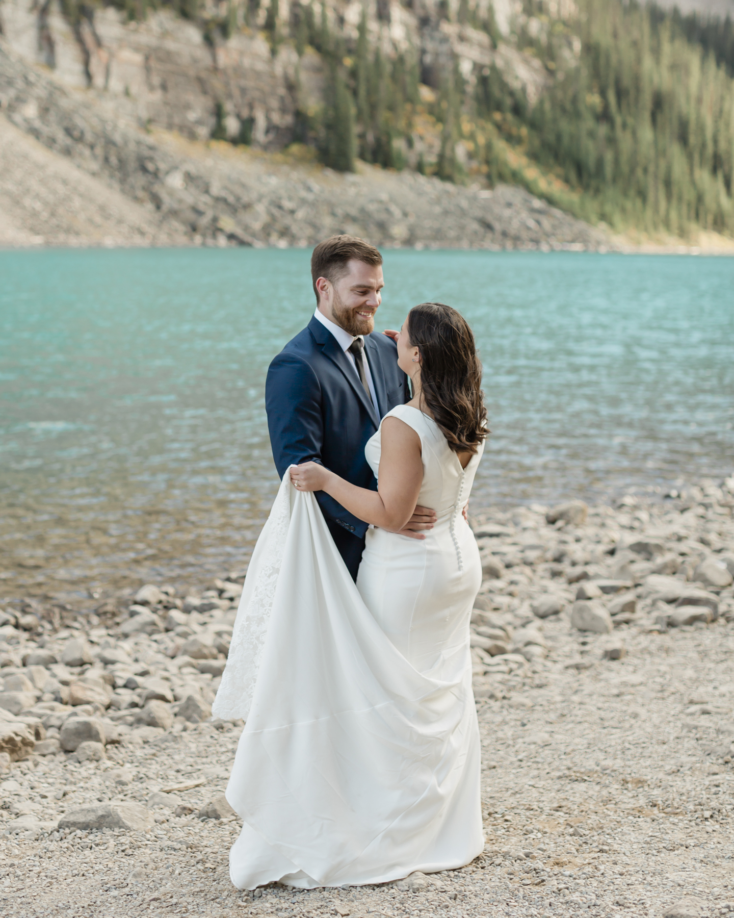 A couple during their first dance at Moraine Lake during their elopement 