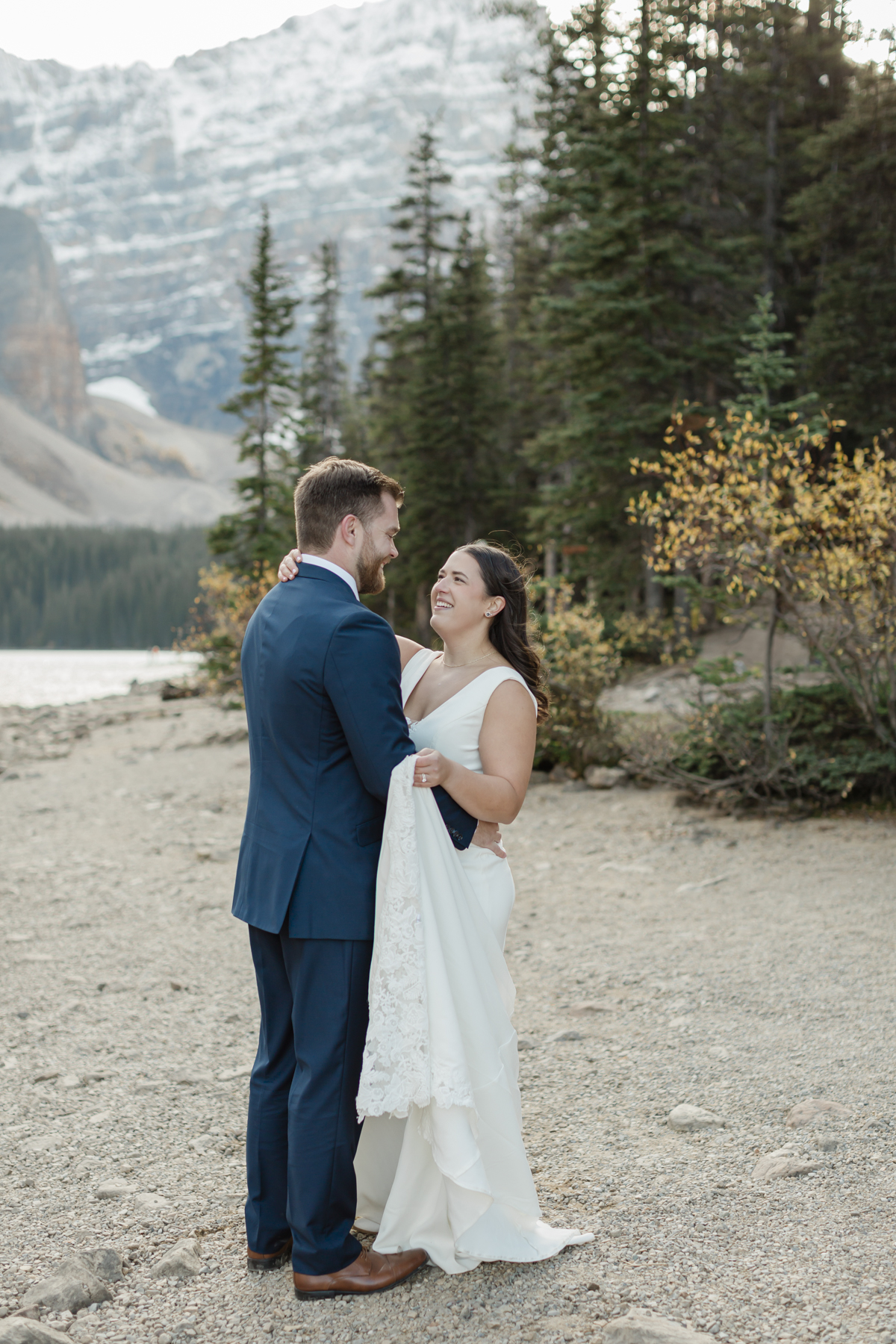 A couple during their first dance at Moraine Lake during their elopement 