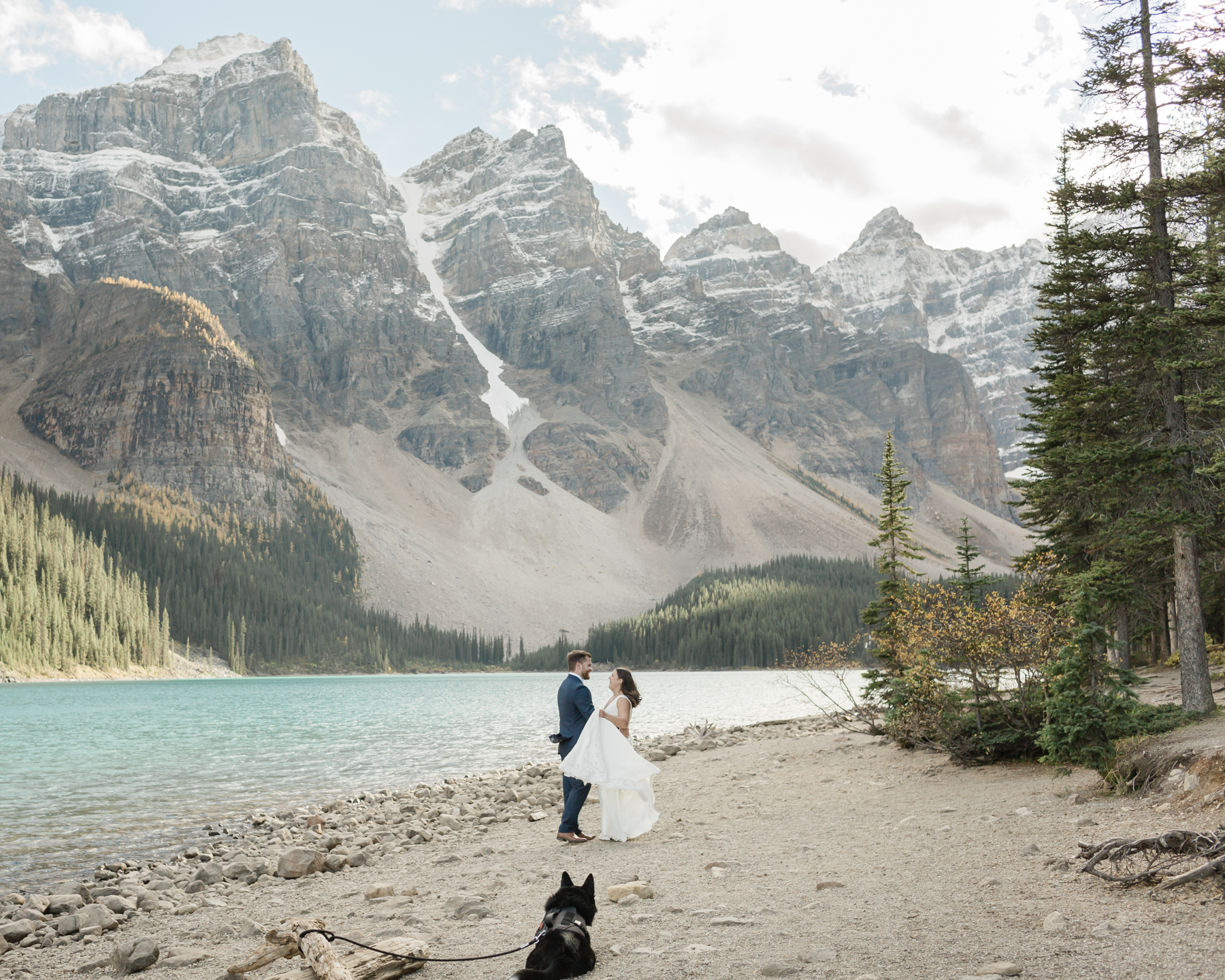 A couple during their first dance at Moraine Lake during their elopement 