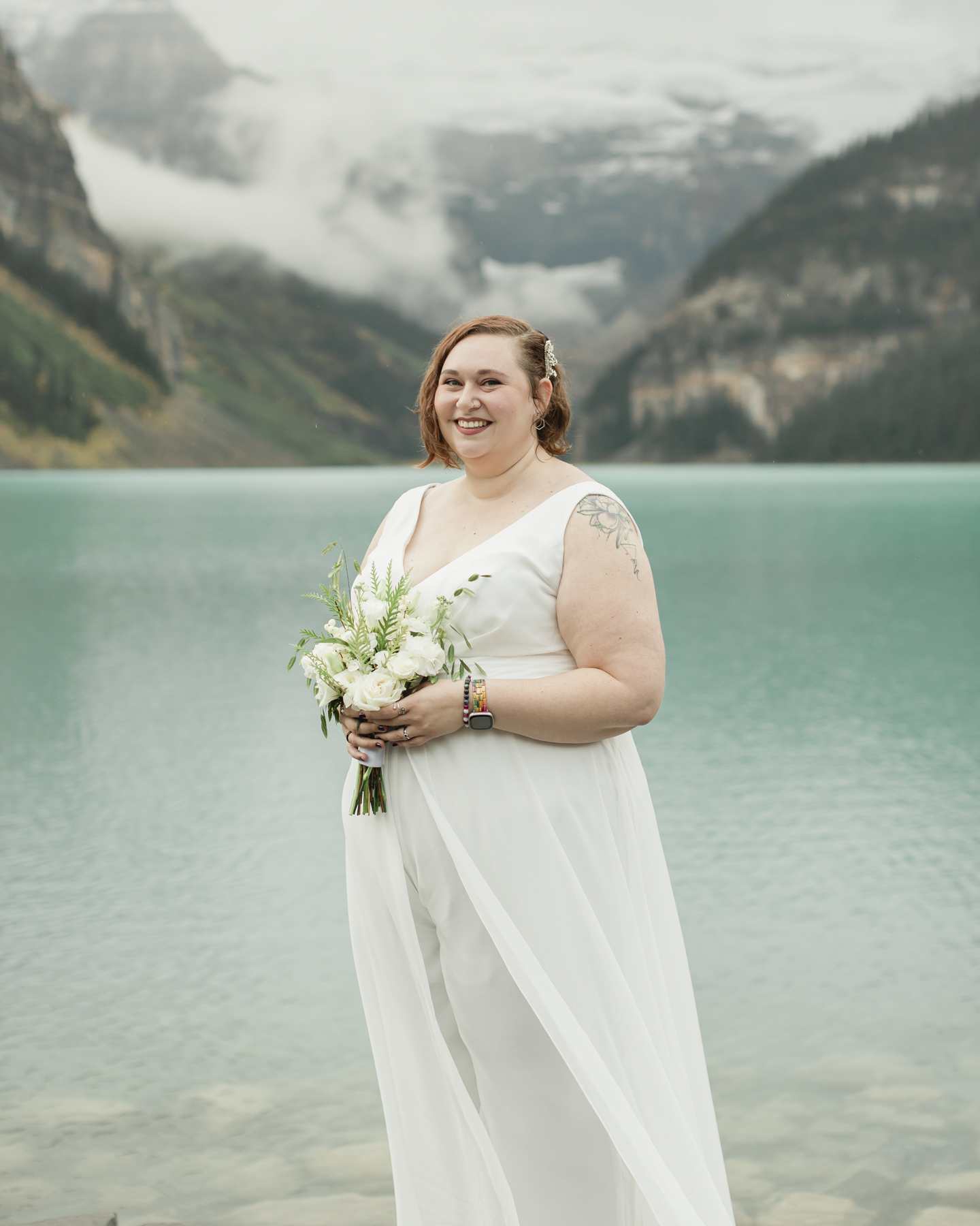 A portrait of a bride that just got married at Lake Louise