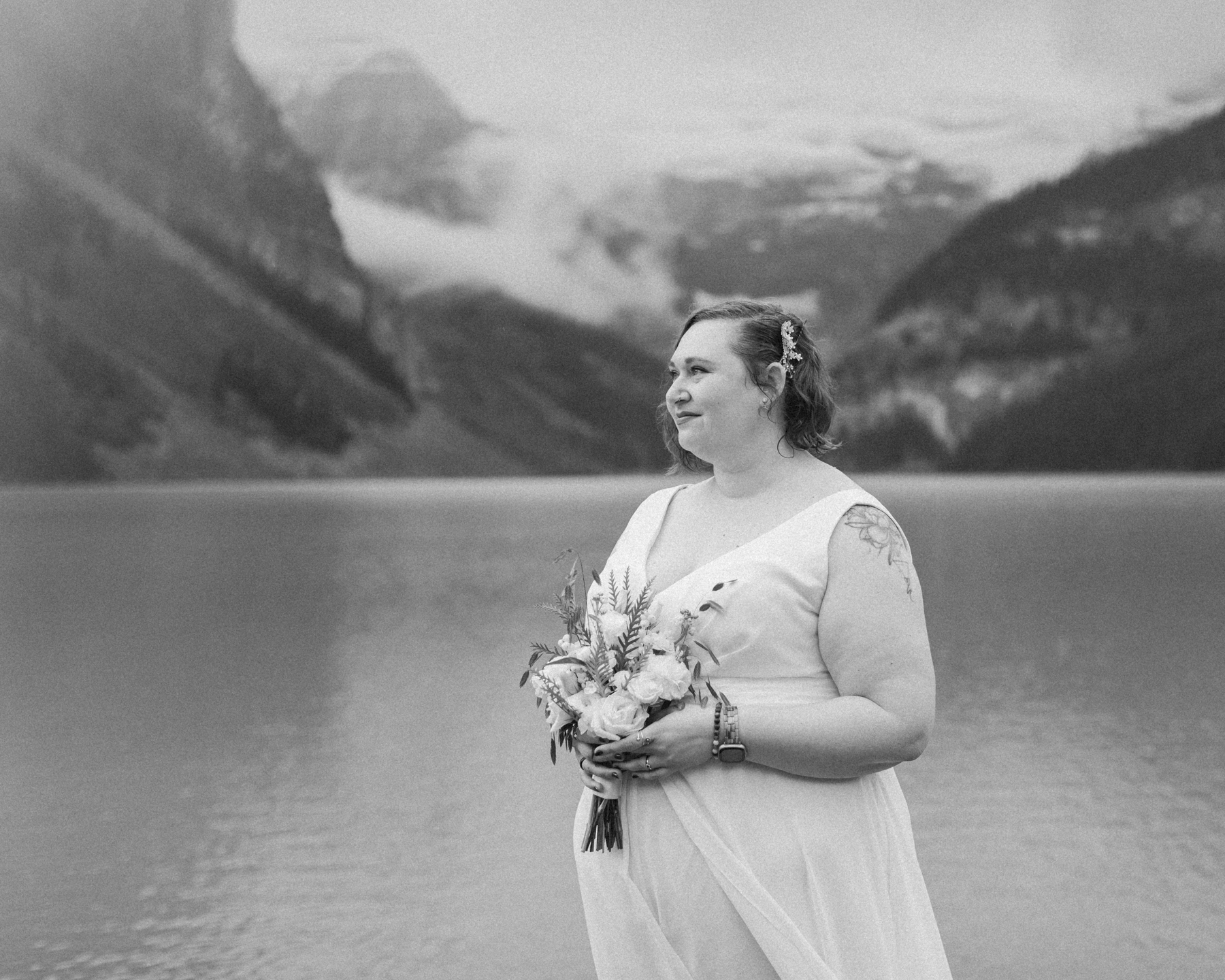 A portrait of a queer bride that just got married at Lake Louise