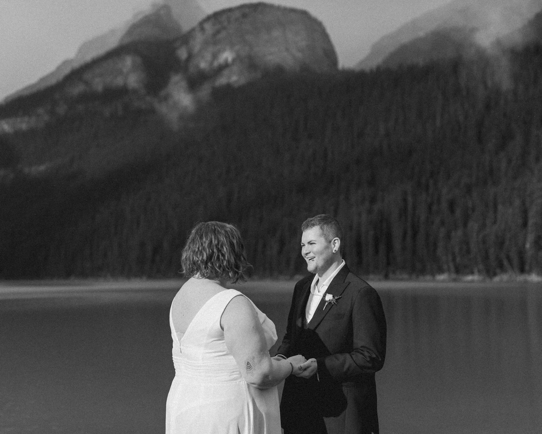 A queer couple that is getting married  at Lake Louise in Banff 