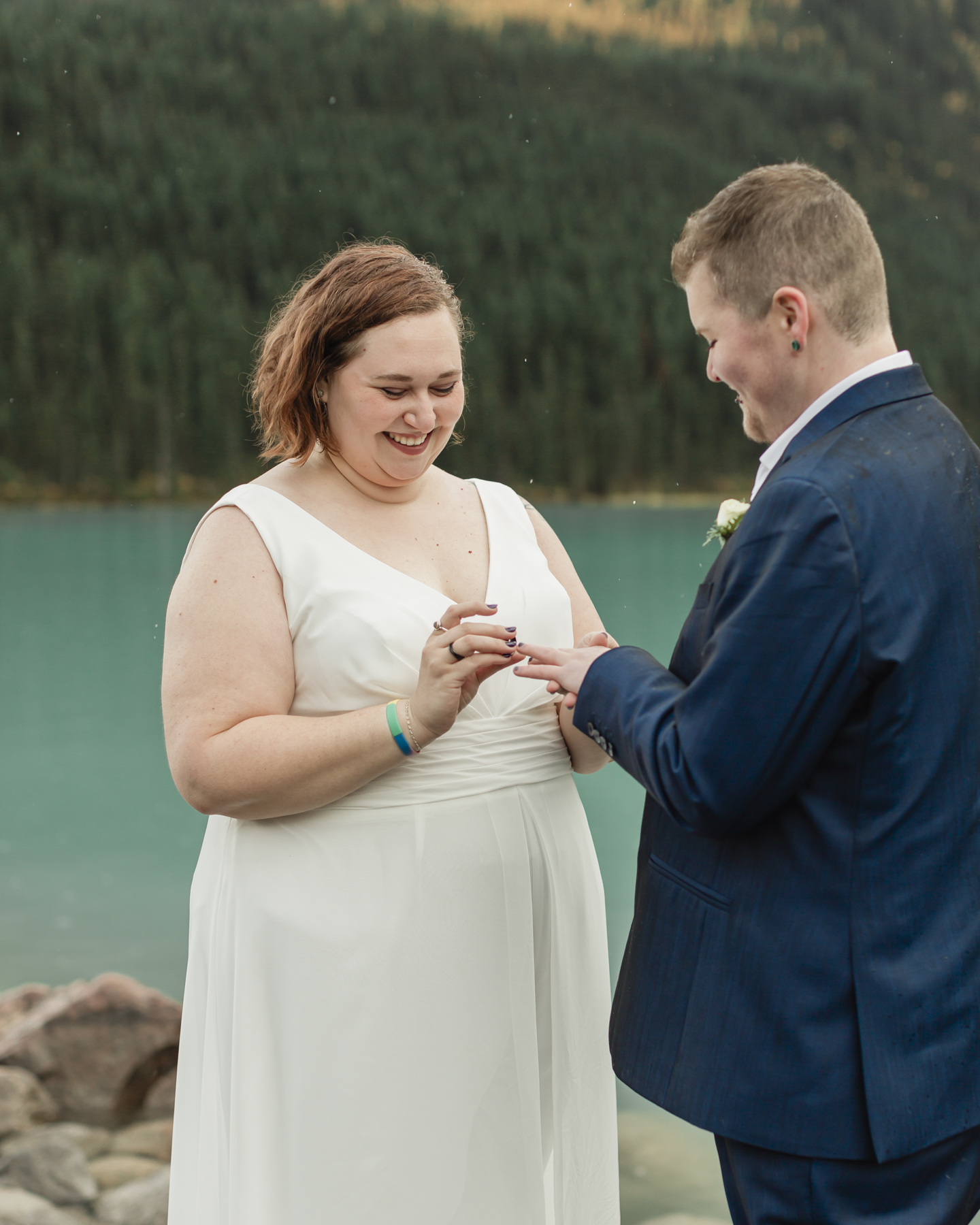 A queer couple that is getting married  at Lake Louise in Banff 