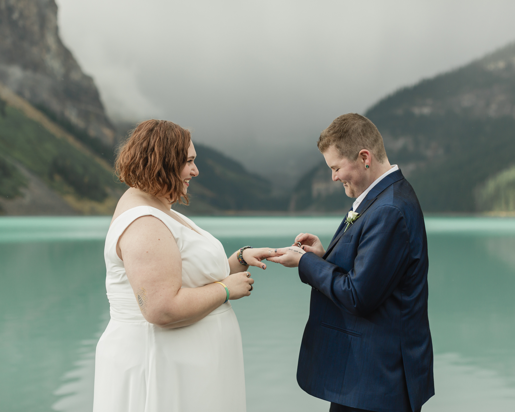 A LGBTQIA+ couple that is getting married  at Lake Louise in Banff 