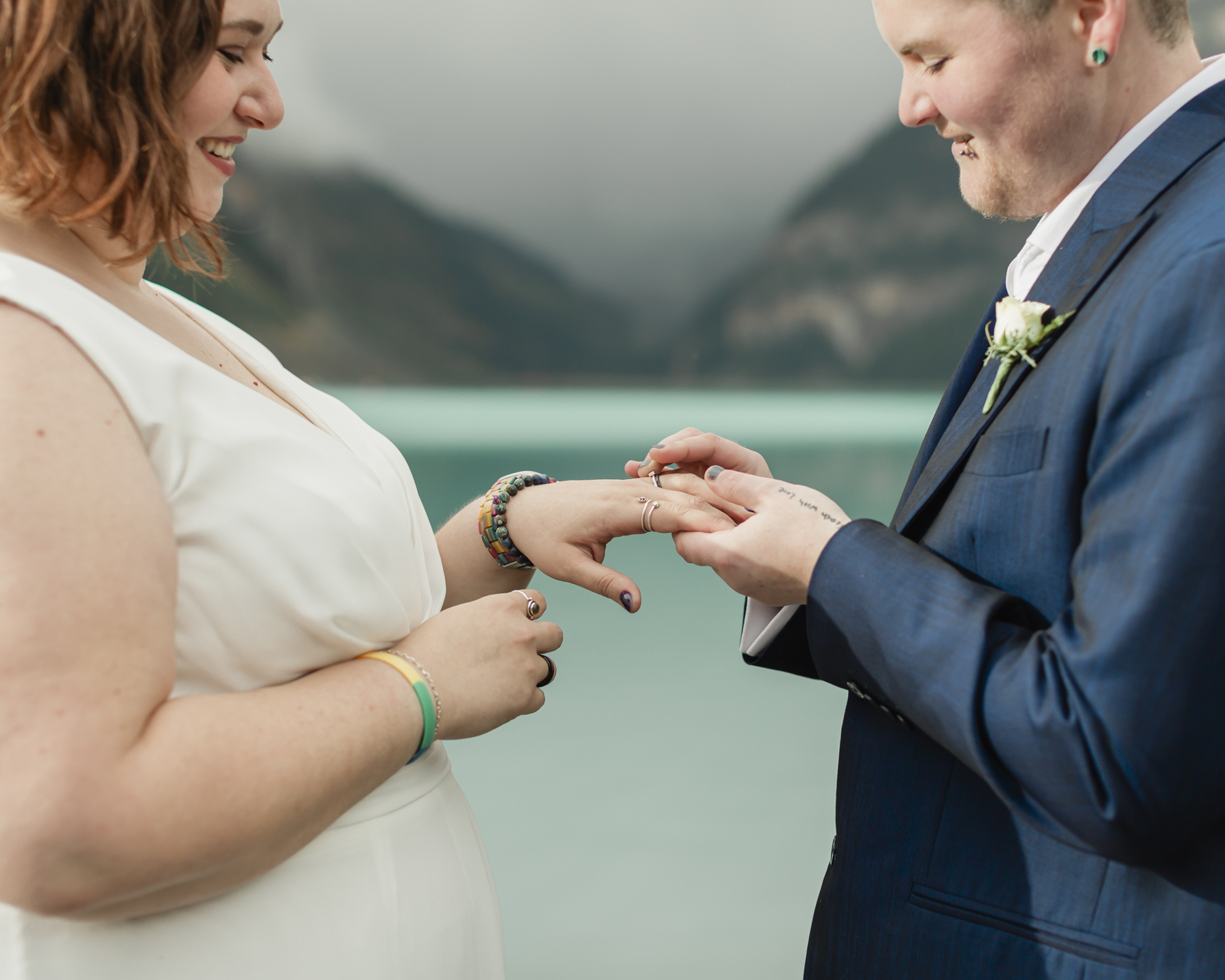 A LGBTQIA+ couple that is getting married  at Lake Louise in Banff 